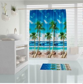 Resim Banyo Perdesi Palmiye Desen Banyo Perdesi Yerli Üretim 180x200 Cm Çok Renkli 