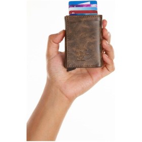 Resim Adelina Bags Unisex Crazy Deri Mekanizmalı Otomatik Kızaklı Kartlık Cüzdan Kahverengi 