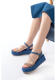 Resim 861-1017 Mavi Kot Taşlı Dolgu Topuklu Kadın Sandalet Altın - Taba 