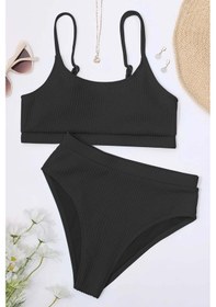 Resim Angelsin Yüksek Bel Özel Kumaş Tankini Bikini Takım Siyah 