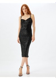 Resim Koton Pullu Payetli Abiye Elbise Midi Boy Çift Askılı Yırtmaçlı Kalp Yaka Slim Fit Siyah 5sak80001fk 
