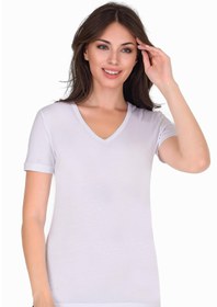 Resim Sensu Kadın V Yaka Basic T-shirt Beyaz - Tsr1003 