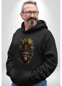 Resim Kurukafa İskelet Kızılderili Tüy Kartal Şefi Kadın Erkek Siyah Kapüşonlu Sweatshirt Hoodie Siyah 