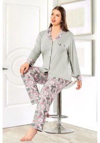 Resim Faal 8802 Kadın Büyük Beden Uzun Kollu Önden Düğmeli Pijama Takım-gri Gri 