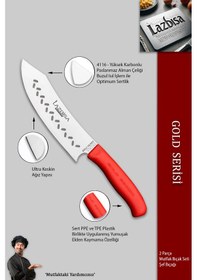Resim Gold Serisi Mutfak Bıçak Seti Şef Bıçağı Kanallı 2 Li Set Mft-421 Kırmızı 