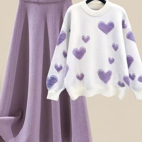 Resim Kadınlar İçin Rahat Kazak - İlkbahar Yeni Moda Bol Kesim Kardigan ve İnce Yarım Etek İki Parça Takım 