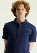 Resim Siyah Lacivert Polo Yaka Slim Fit Dar Kesim Baskılı Pamuklu Tişört Kigili