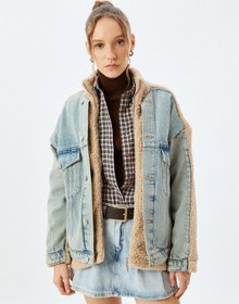 Resim Koton Dik Yaka Düğmeli Cepli Kot Kumaş Detaylı Rahat Kalıp Peluş Ceket Açık İndigo 5wal50020md Açık İndigo 