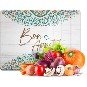 Resim Decovetro Cam Kesme Tahtası ve Sunum Tablası Bon Appetit Desenli 