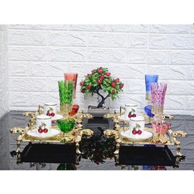 Resim 6 Adet Kahve & Çay & Sunum Tepsisi Gold Kare Prenses Taşlı Ayaklı Kulplu Tepsi Gold 