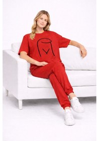 Resim Sevgili Kombini Çift Tişört Oversize Unisex Matching Couple Minim Kırmızı 