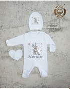 Resim yzc home size dair... E90 T Isme Özel Isimli Baskılı Bebek Tulum Şapka Eldiven Set Hastane Çıkışı 