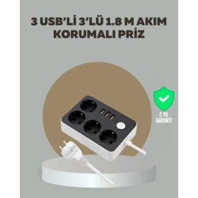 Resim Selfbuysell 4 Prizli 3 USB Portlu Anahtarlı Akım Korumalı Priz 