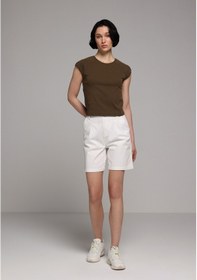Resim Colin's Colins Slim Fit Kayık Yaka Düz Kadın Kahverengi Kısa Kol Tişört Cl1081903 Q1.v2 Brw 