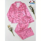Resim İki Parçalı İlkbahar/Yaz Kadın Pembe Saten Sanrio Hello Kitty Yaka Kısa Kollu Düğme Cep Uzun Kollu Üst ve Fiyonklu Pantolon Ev Giyimi Takımı 