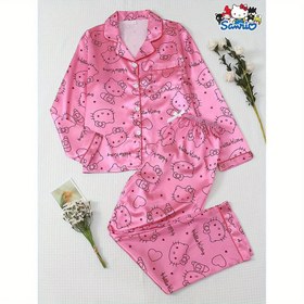 Resim İki Parçalı İlkbahar/Yaz Kadın Pembe Saten Sanrio Hello Kitty Yaka Kısa Kollu Düğme Cep Uzun Kollu Üst ve Fiyonklu Pantolon Ev Giyimi Takımı 