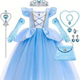 Resim Kraliçe Mavi Prenses Elbisesi, Taç, Eldiven, Çanta ve Takı Seti ile Kızlar için Cadılar Bayramı, Noel, Doğum Günü Partileri - Sequin Detaylı Kraliçe Mavi Tül Prenses Elbisesi, Kızlar için Prenses Elbiseleri, Prenses Parti Kıyafeti, Zarif Parti Kıyafeti, Dekoratif Takı 