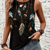 Resim Kadınlar için Rahat Baskılı Omuzsuz Tank Top - Siyah, Teal ve Turuncu Vurguları, Hafif Esnek Kumaş, Makinede Yıkanabilir İlkbahar/Yaz Modası Üstü, Çok Yönlü Giysi, Şeffaf Olmayan Malzeme 
