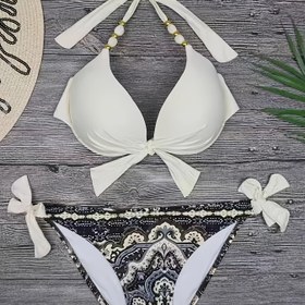 Resim Kabile Desenli Halter Bikini Seti, Kadın Mayo İçin Polyester ve Elastan Örme Kumaş, Yüksek Esneklik, Püskül Detaylı 