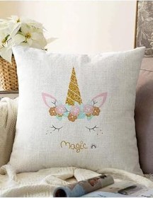 Resim RealHomes Çift Taraflı Beyaz Zeminde Magic Unicorn Tasarımlı Çocuk Odası Raşel Örme Yastık Kırlent Kılıfı, Sonil-K4328-43x43cm 