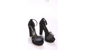 Resim Shoeberry Kadın Siyah Saten Taşlı Platform Topuklu Ayakkabı 