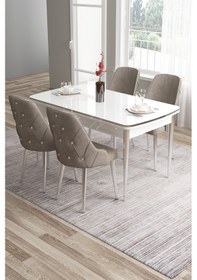 Resim Canisa Tia Serisi 80x132 Açılabilir Mdf Beyaz Krom Detay Yemek Masası Takımı Ve 4 Cappucino Sandalye Masa Beyaz Sandalye Cappucino 