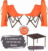 Resim Antrasit İskelet Turuncu Kılıf Sandalye ve 70x70x55 CM Kahverengi Ahşap Katlanır Masa Seti Bag The Joy