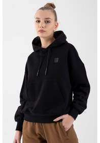 Resim Maraton Oversize Kadın Kapüşonlu Siyah Sweatshirt Siyah 
