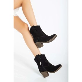 Resim Analin Shoes Kadın Deri Yumuşak Süet Western Kovboy Bot - Siyah Süet 