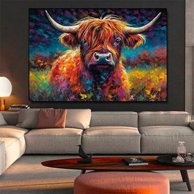 Resim Renkli Boyanmış İskoç Dağ İneği Sanatı, Ev Dekoru İçin Kanvas Baskı 