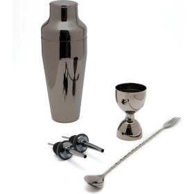 Resim TheBRo 550ml Parlak Siyah French Shaker ,Jigger,Şişe Dökücü Ve Çatallı Bar Kaşığı Kokteyl Seti 