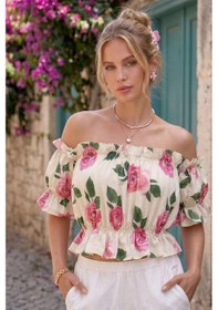 Resim Madonna Yaka Kadın Bluz Lastik Detaylı Rahat Kesim Beyaz - Pembe 