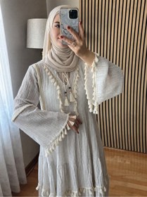 Resim Cardella Lavin Bohem Gofre Keten Dantelli ve Aksesuarlı Elbise - Tesettür Uyumlu Doğal Şıklık 