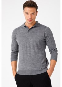Resim Desen Triko Erkek Basic Polo Yaka İnce Triko Kazak 02421601 Füme 