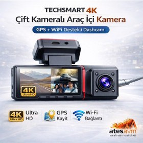 Resim Techsmart 4k Çift Kameralı Araç İçi Kamera Gps Wifi Gece Görüşlü Dashcam 