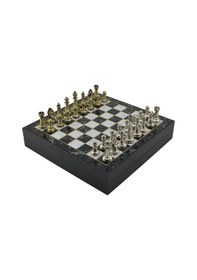 Resim Gifthome Orta Boy Parlak Metal Klasik Satranç Takımı Ve Mermer Desenli Sandıklı Mdf Tahtası 30x30x6 Cm. 