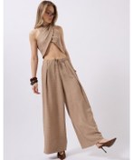 Resim The İstanbul Düşük Bel Oversize Keten Pantolon Vizon 