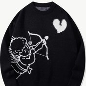 Resim Kupid & Kalp Kontrast Tasarımlı Kadın Günlük Kazak - Siyah & Beyaz Renk Blok Yuvarlak Yaka Tüm Sezon Moda Üst, Şirin Kazaklar, Rahat Tarz, Eğlenceli Desen, Rahat Kumaş, Şık Üst, Yetişkinler 