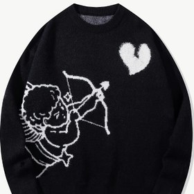 Resim Kupid & Kalp Kontrast Tasarımlı Kadın Günlük Kazak - Siyah & Beyaz Renk Blok Yuvarlak Yaka Tüm Sezon Moda Üst, Şirin Kazaklar, Rahat Tarz, Eğlenceli Desen, Rahat Kumaş, Şık Üst, Yetişkinler 