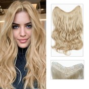 Resim 20 inçlik V-şekilli klipsli uzun kıvırcık saç, açık kül sarısı ve ağartılmış blond karışımı, 4 sabitleme klipsi ile birlikte, doğal ve kabarık stil, yarım yukarı gizleme stili görünmez peruk parçaları, kadınlar için uygun ve dört mevsim kullanılabilir 