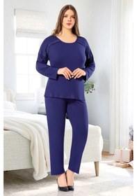 Resim Faal 8809 Kadın Büyük Beden Uzun Kollu Dantel Detaylı Pijama Takım-lacivert Lacivert 