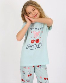 Resim Kız Çocuk Kısa Kollu %100 Pamuklu Pijama Takımı Cherry Mint 