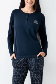 Resim Arnetta Make Me Happy Kadın Modal Pamuklu Rahat Uzun Kollu Pijama Takım lacivert 
