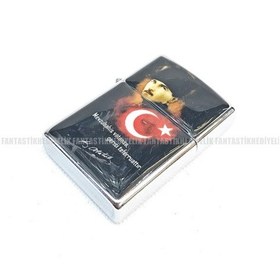 Resim Mustafa Kemal Atatürk Türk Bayrağı Gümüş Renk Benzinli Çakmak 