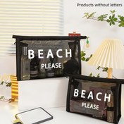 Resim 1 adet BEACH PLEASE Baskılı Mesh Kozmetik Organizatör Çantası - Kadınlar için Siyah Polyester Fermuarlı Seyahat Tuvalet Çantası, Plaj, Spor Salonu, Yurt için Taşınabilir Makyaj Saklama Çantası, Arkadaşlar ve Öğretmenler için Hediye, Plaj Çantası Aksesuarları, Güvenli Fermuar Kapama 
