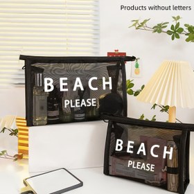 Resim 1 adet BEACH PLEASE Baskılı Mesh Kozmetik Organizatör Çantası - Kadınlar için Siyah Polyester Fermuarlı Seyahat Tuvalet Çantası, Plaj, Spor Salonu, Yurt için Taşınabilir Makyaj Saklama Çantası, Arkadaşlar ve Öğretmenler için Hediye, Plaj Çantası Aksesuarları, Güvenli Fermuar Kapama 