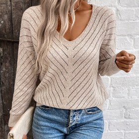 Resim Kadınların Zarif V-Yaka Kablo Kazak - Hafif Pembe, Uzun Kollu, Düşük Omuz, Orta Esneklik, Bahar ve Sonbahar için Mükemmel, Rahat ve Resmi Giyim, Rahat Giyim Kazak | V-Yaka Kazak | Dokulu 