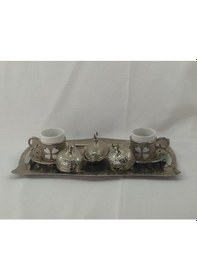 Resim Sena Porselen 2 Kişilik Osmanlı Motifli Yonca Desenli Gümüş Renkli Türk Kahvesi Fincan Seti Motifli 