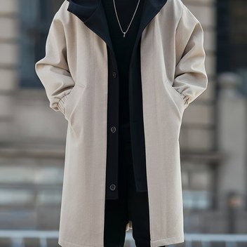 Erkek Şık Çift Düğmeli Trençkot - Uzun Kollu, Düğmeli, Düz Siyah, Günlük Geziler ve Partiler için Mükemmel, Bahar/Sonbahar Giyimi, Şık Yaka, Dayanıklı Kumaş