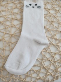 Resim sun desing Beyaz Kedili Çocuk Çorap Çocuk Dizaltı Çorap Çocuk Kedili Dizaltı Çorap Tüllü Çorap 